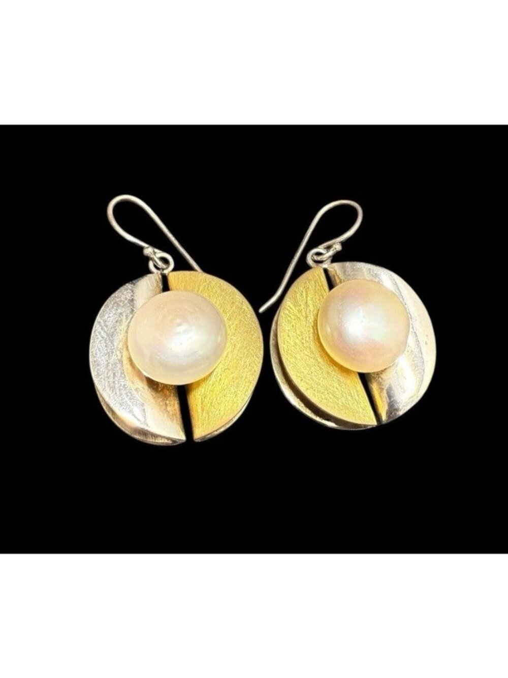 925 Modernist Cultured Pearl Dangle Earrings Round Silver Gold Vermeil